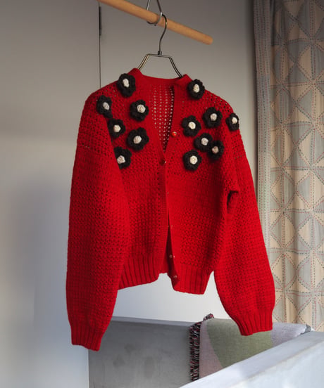 flower appliqué cardigan RED