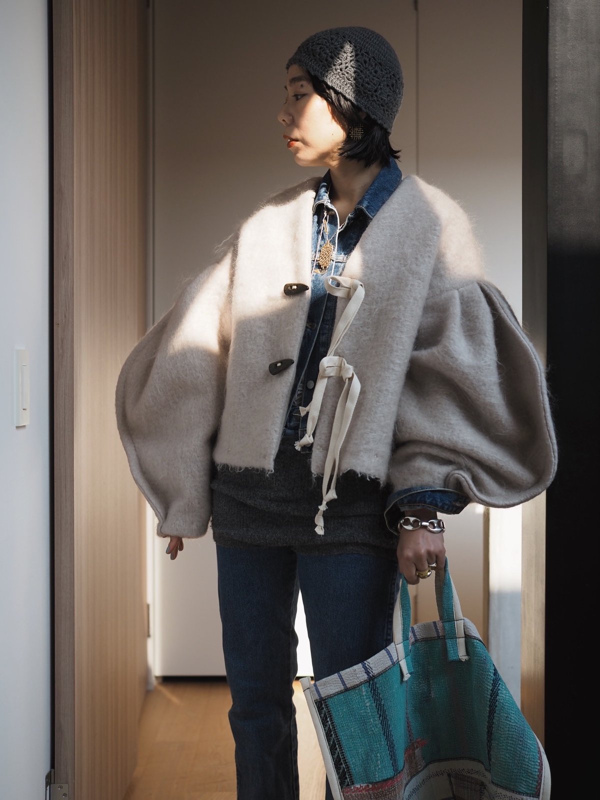 mohair arch arm jacket -cement cream- | Y.A.Acc