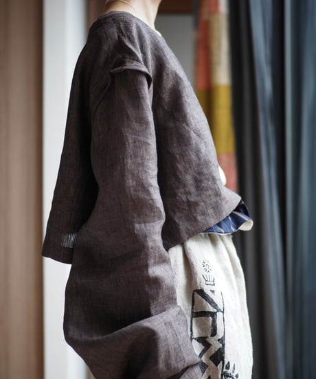 linen short pullover -brown-