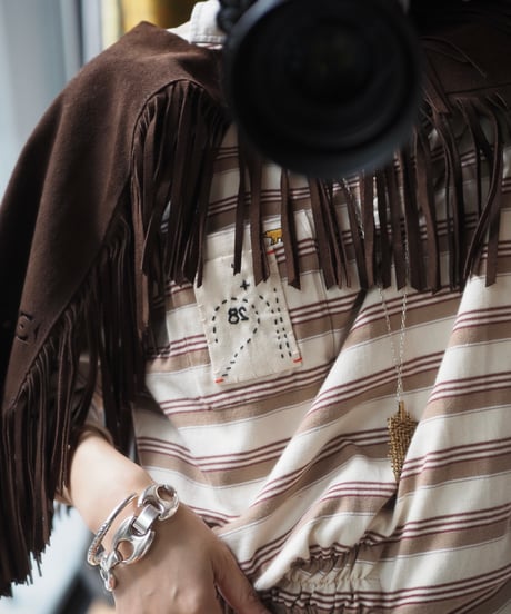 revive rugger shirring shirt -beige×red-