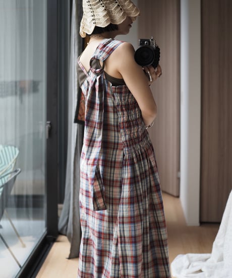 madras check 2way dress -blue-
