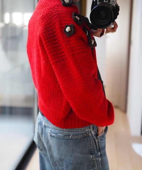 flower appliqué cardigan RED