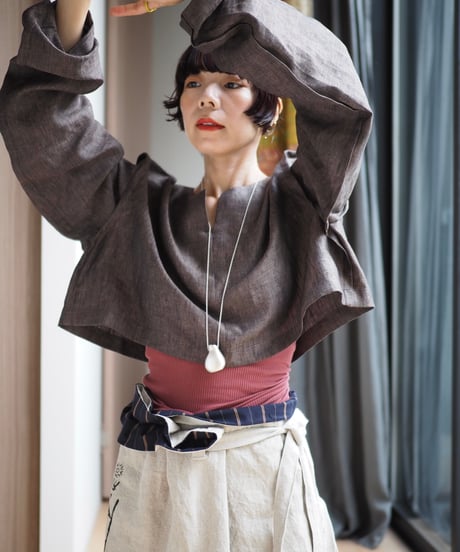 linen short pullover -brown-