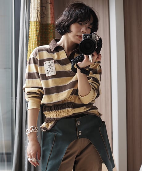 revive rugger shirring shirt -yellow×brown-