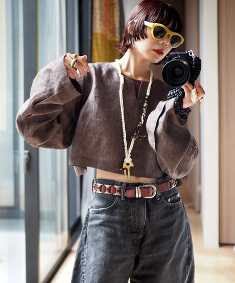 linen short pullover -brown-