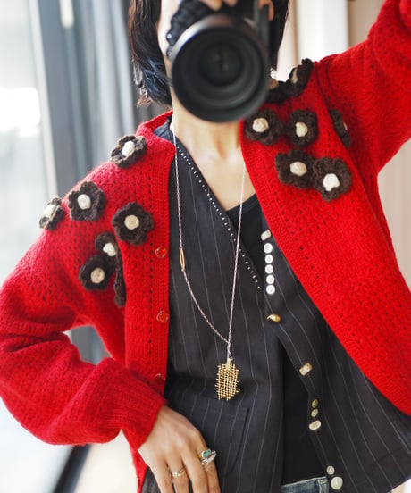 flower appliqué cardigan RED