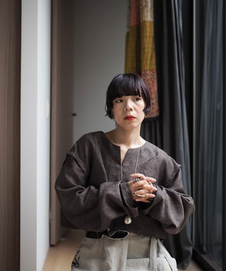 linen short pullover -brown-
