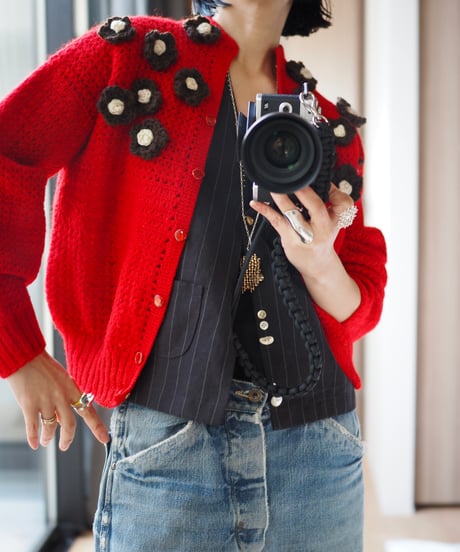 flower appliqué cardigan RED