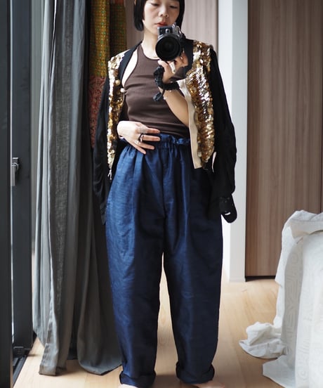 India silk curb pants -navy-