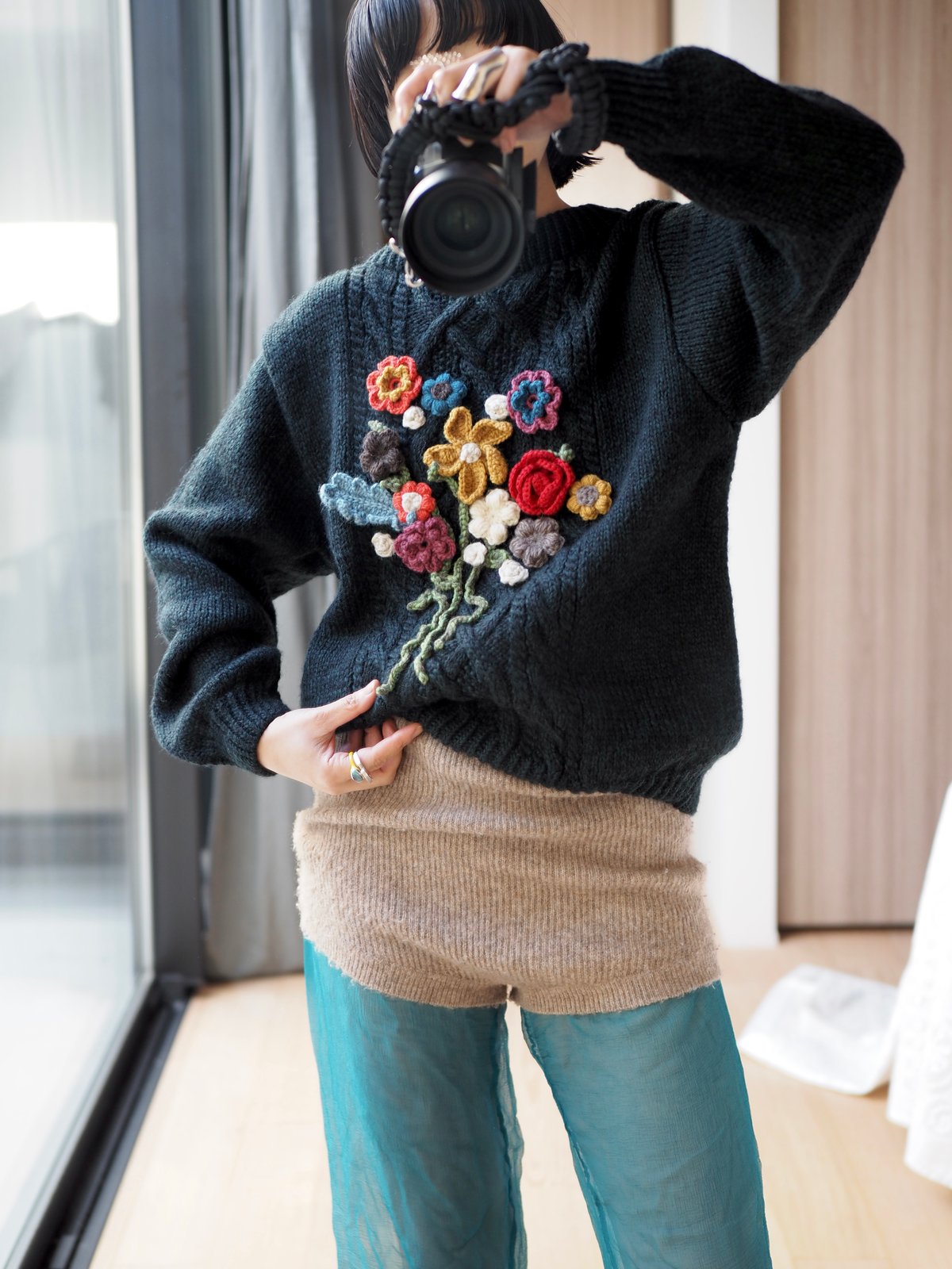 flower appliqué knit DARK GREDN | Y.A.Acc
