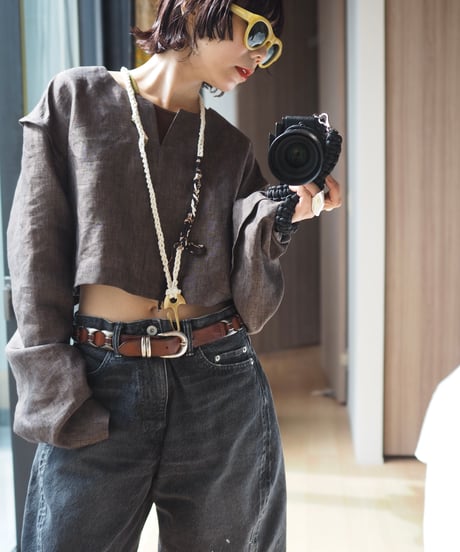 linen short pullover -brown-