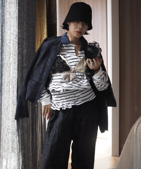 revive rugger shirring shirt -white×navy-