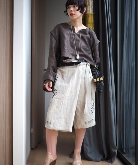 linen short pullover -brown-