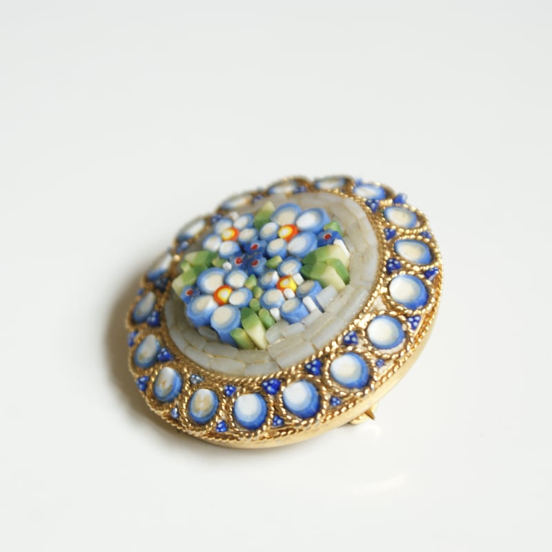 イタリア製 勿忘草 ブルーフラワー モザイクガラス ブローチ