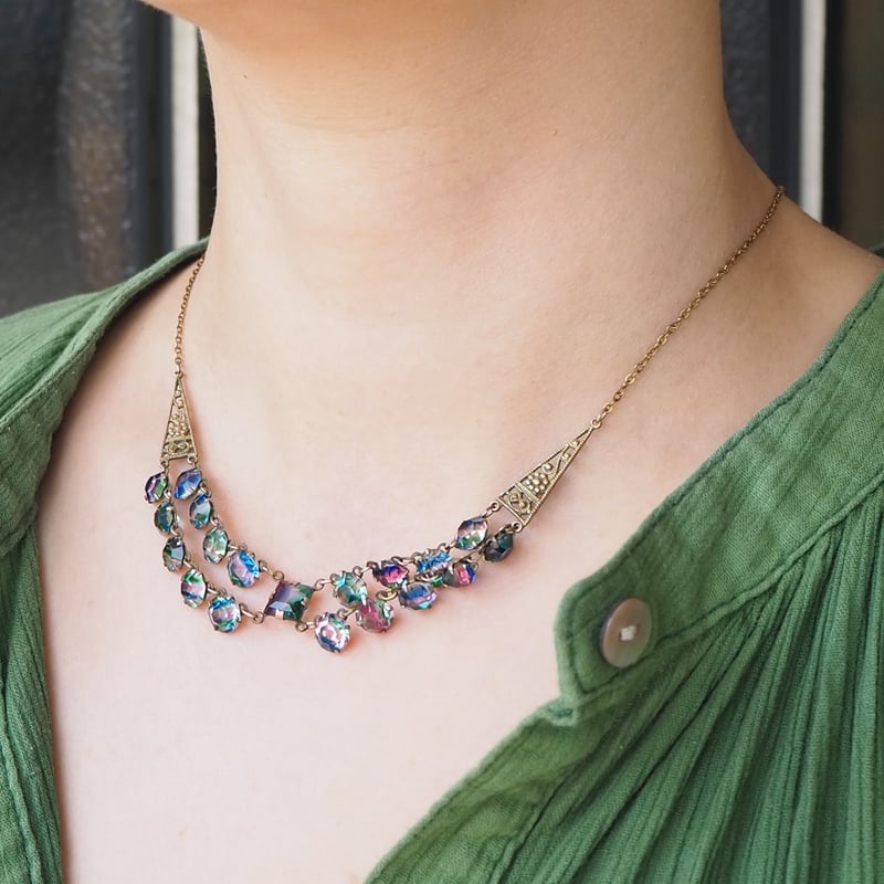 ヴィンテージ ネックレス アイリスガラス バイカラートルマリンカラー A76 ヴィンテージ ネックレス アイリスガラス バイカラートルマリン