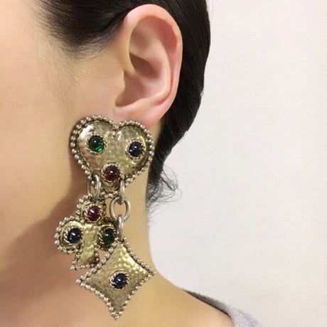 ハート クラブ ダイヤ トランプモチーフ カボション ガラス イヤリング  / ヴィンテージアクセサリー・コスチュームジュエリー