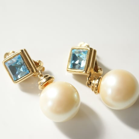 GIVENCHYジバンシィ アクアブルーラインストーン パール イヤリング / ヴィンテージ・コスチュームジュエリー