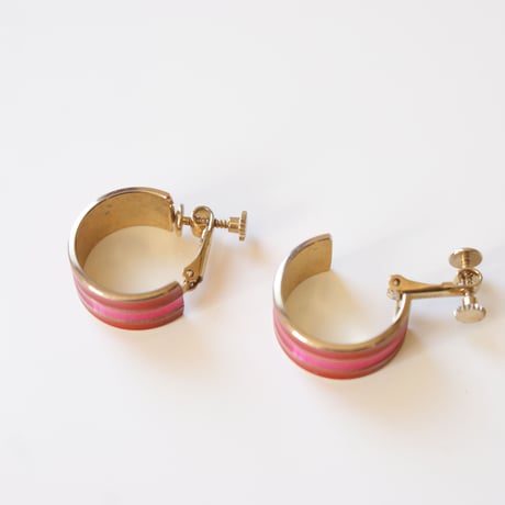レッド ピンク エナメル ストライプライン フープイヤリング / ヴィンテージアクセサリー