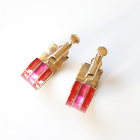 レッド ピンク エナメル ストライプライン フープイヤリング / ヴィンテージアクセサリー