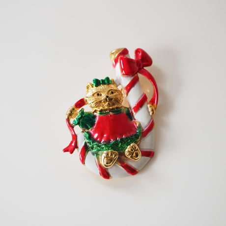 AJC 猫 キャット クリスマス キャンディ ブランコ ブローチ  / ヴィンテージジュエリー