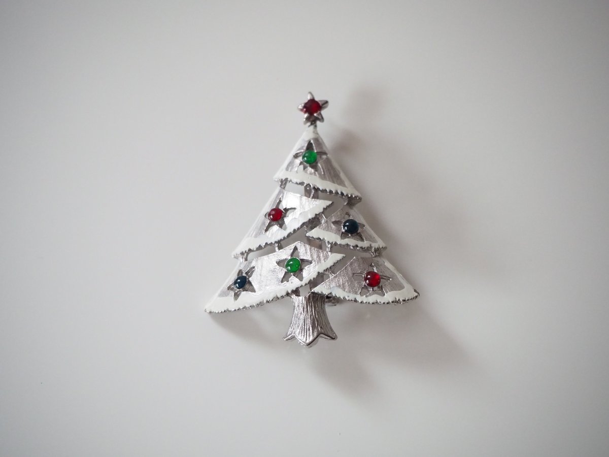 スター星 ホワイトスノー クリスマスツリー ブローチ / ヴィンテージ