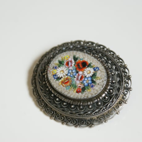 イタリア製 シルバー800 マイクロモザイク ブローチ / ヴィンテージ・アンティークジュエリー