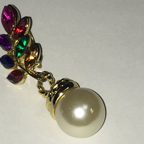 マルチカラー ラインストーン リーフ パール イヤリング / ヴィンテージアクセサリー・コスチュームジュエリー