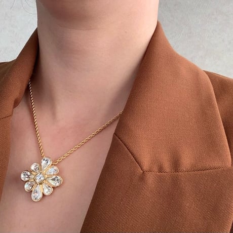 【New Vintage Stock】YVES SAINT LAURENTイヴ・サンローラン ラインストーン フラワーネックレス  / ヴィンテージ・コスチュームジュエリー