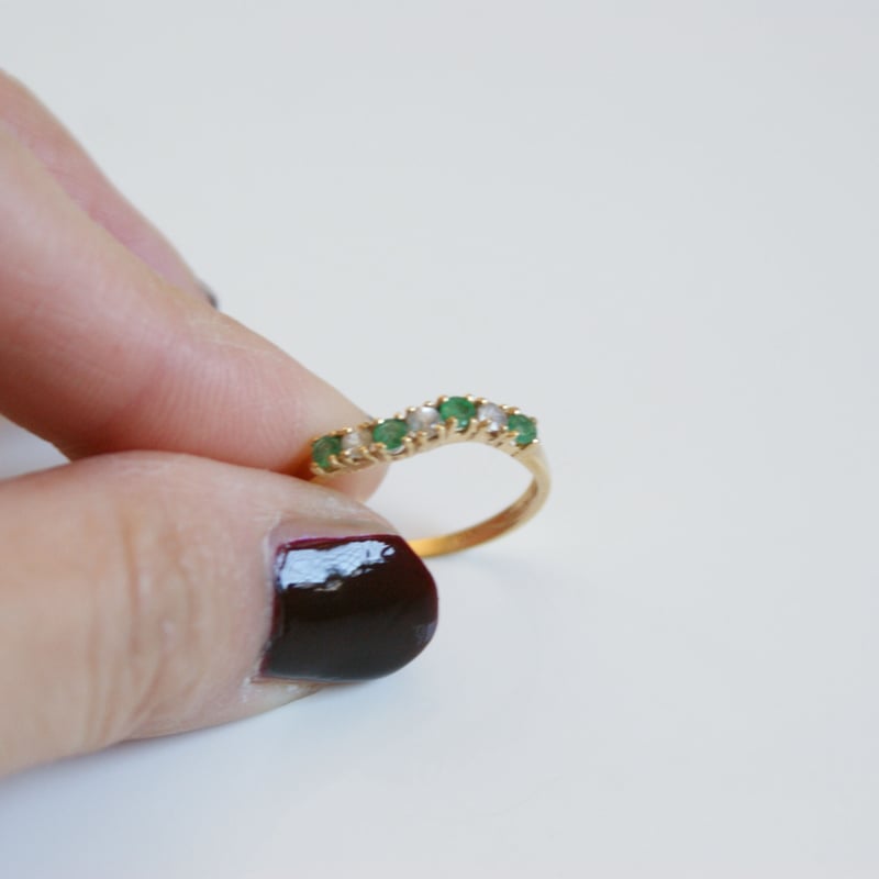 K18 ウェーブデザイン エメラルド ダイヤモンドリング K18YG エメラルド ダイヤモンド ウェーブ リング指輪 / ヴィンテージ