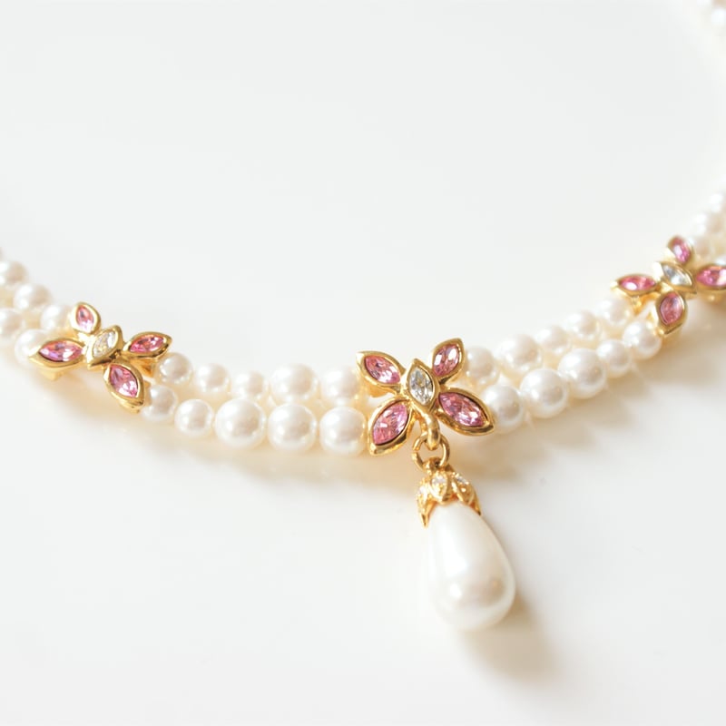 NAPIERネイピア 2連 パール ピンク ラインストーン ネックレス