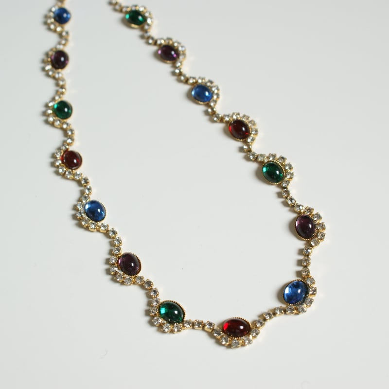 ビンテージ ネックレス 鯉 グリーンガラス カボッション 家紋入り