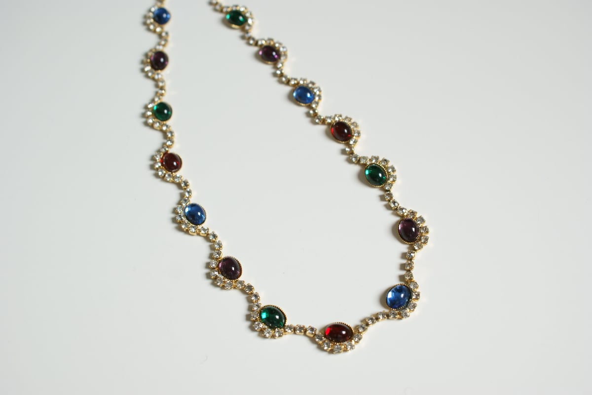 ビンテージ ネックレス 鯉 グリーンガラス カボッション 家紋入り