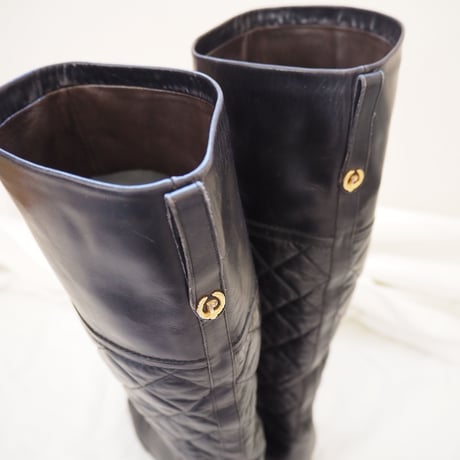 POLLINI ポリー二 イタリア製 レザー キルティング ロング乗馬ブーツ/ ヴィンテージ レディース ファッション