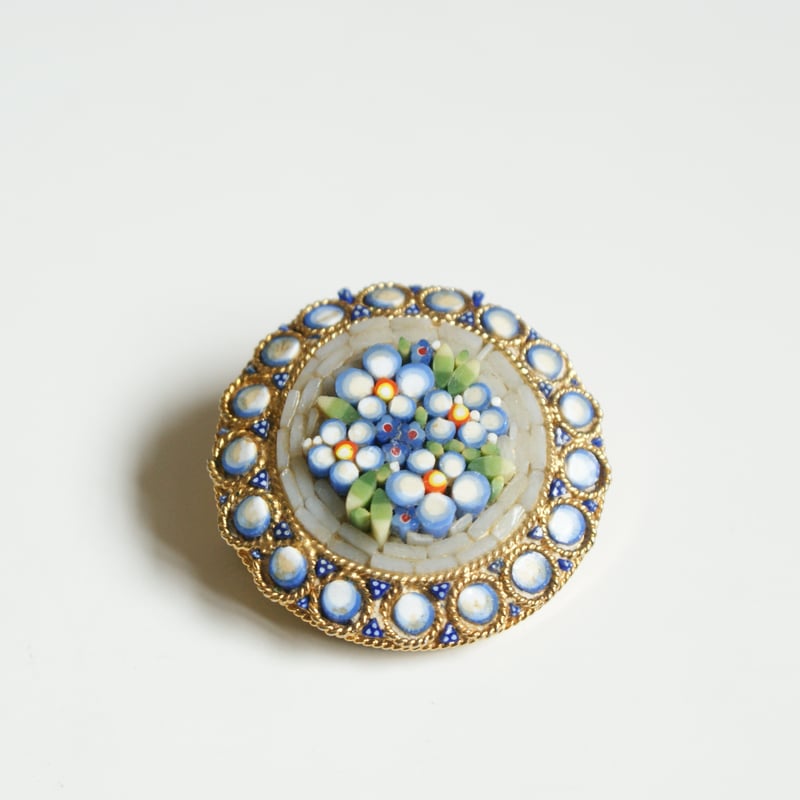 イタリア製 勿忘草 ブルーフラワー モザイクガラス ブローチ