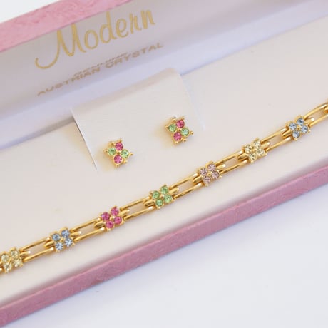 アメリカ買付 MODERN オーストリアクリスタル パステルカラー ブレスレット ピアス セット/ ヴィンテージジュエリー・アクセサリー