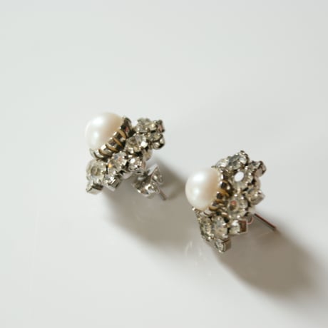 フラワー ラインストーン パール ピアス/ ヴィンテージジュエリー・アクセサリー