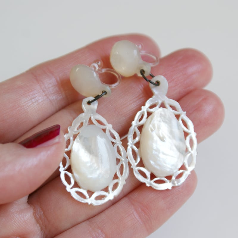 ベツレヘムパール 白蝶貝 ドロップ 透かし イヤリング/ ヴィンテージ  