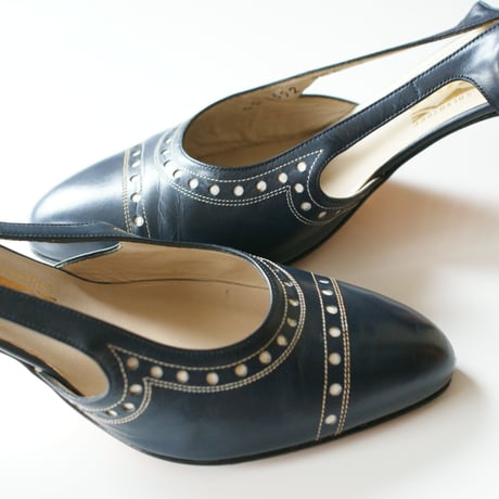 Salvatore Ferragamoサルヴァトーレ・フェラガモ /ネイビー レザー スリングバック パンプス ジューズ / ヴィンテージ レデイース ファッション