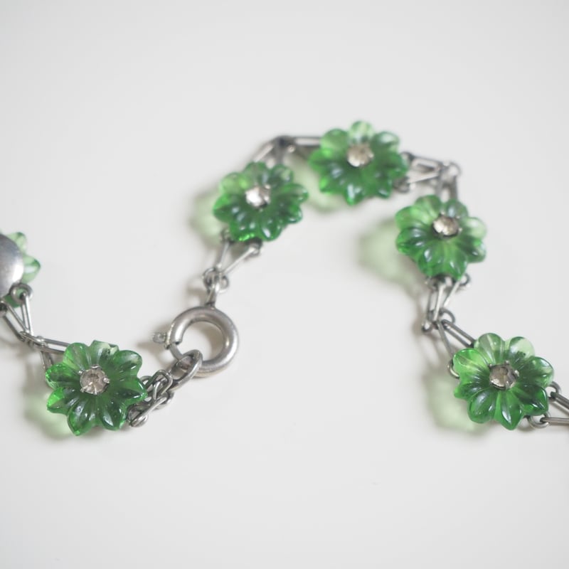 アールデコ グリーンガラス フラワー ネックレス / ヴィンテージ  