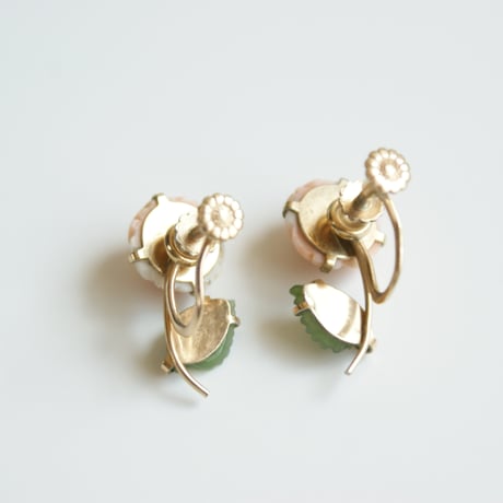 KREMENTZクレメンツ ピンク珊瑚ローズ ジェイドリーフ イヤリング/ ヴィンテージジュエリー ・アクセサリー
