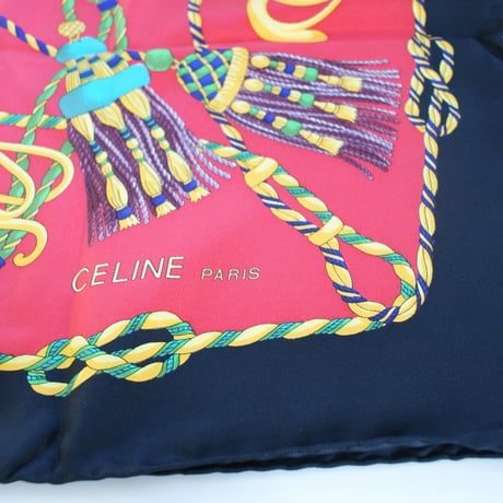 CELINE セリーヌ イタリア製 100％シルク  フェザー帽子 タッセル モチーフ スカーフ/ ヴィンテージ レディース ファッション