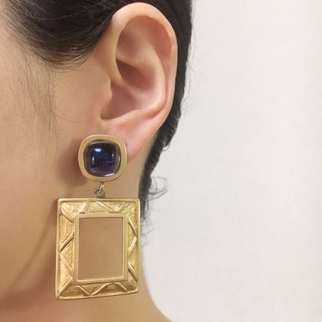 GIVENCHYジバンシィ ブルーオーロラガラス スクエアフープ イヤリング / ヴィンテージ・コスチュームジュエリー