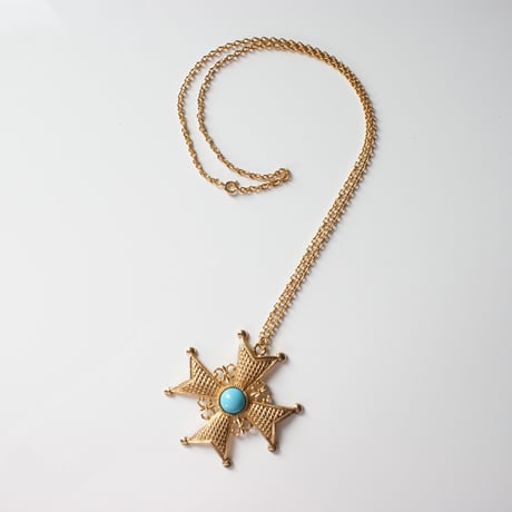 イギリス買付 フルールドリス ゴシック クロス ターコイズ ペンダントネックレス / ヴィンテージアクセサリー・コスチュームジュエリー