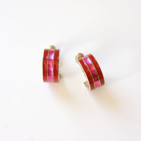 レッド ピンク エナメル ストライプライン フープイヤリング / ヴィンテージアクセサリー