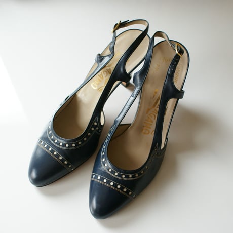 Salvatore Ferragamoサルヴァトーレ・フェラガモ /ネイビー レザー スリングバック パンプス ジューズ / ヴィンテージ レデイース ファッション