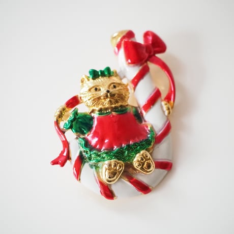 AJC 猫 キャット クリスマス キャンディ ブランコ ブローチ  / ヴィンテージジュエリー