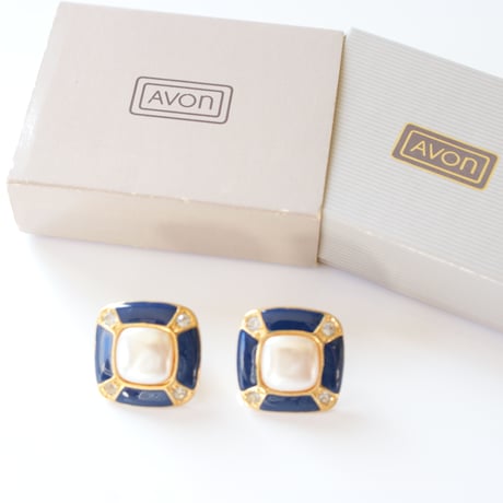 Special price【スペシャル プライス】AVONエイボン ネイビー エナメル スクエア パール ピアス / ヴィンテージジュエリー・アクセサリー