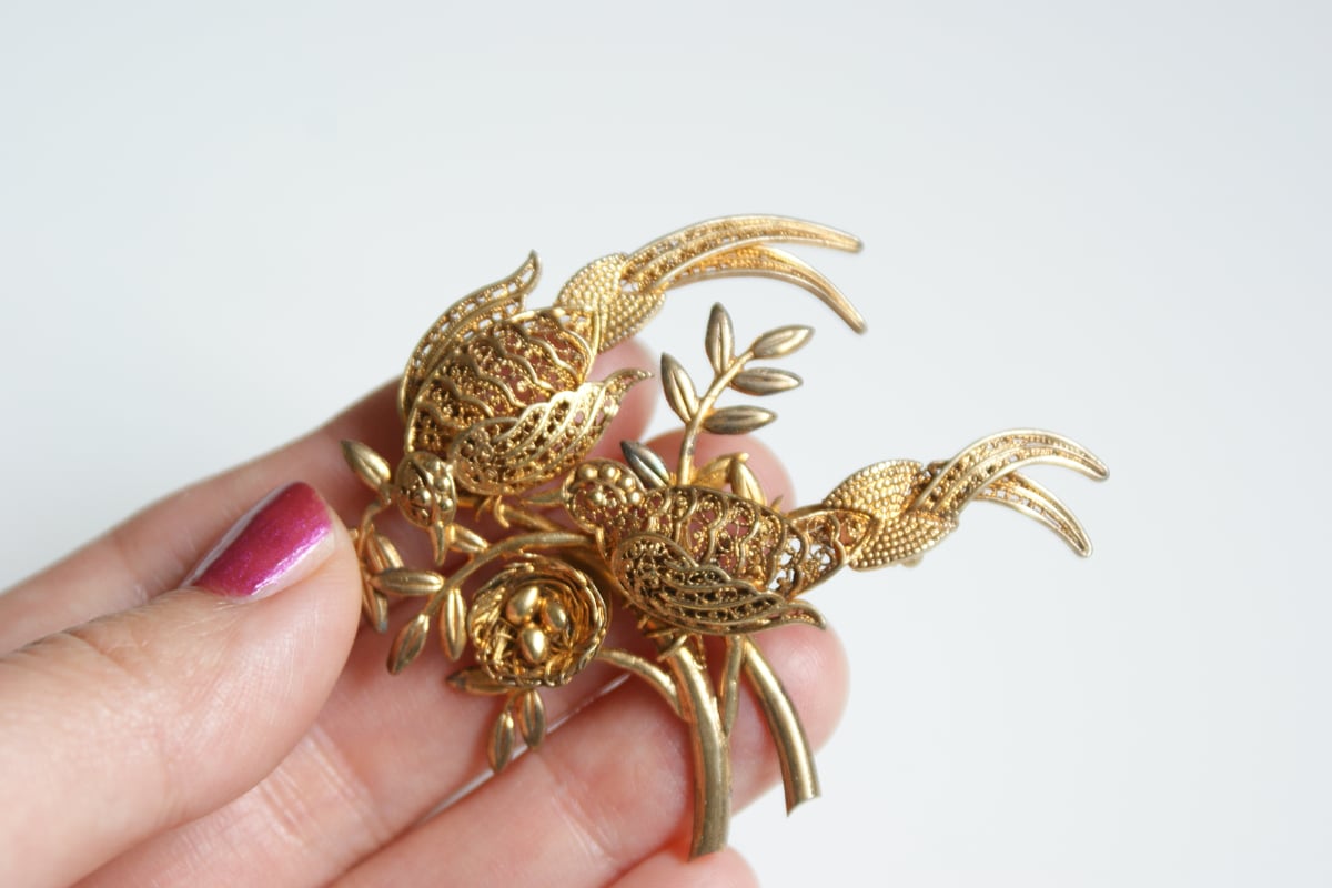 PORTUGALポルトガル製 フィリグリー バード エッグ 鳥の巣 ブローチ