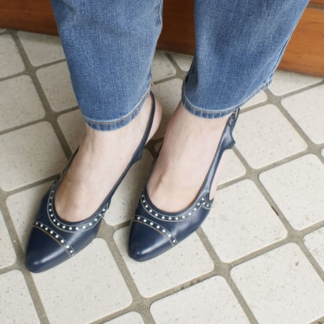 Salvatore Ferragamoサルヴァトーレ・フェラガモ /ネイビー レザー スリングバック パンプス ジューズ / ヴィンテージ レデイース ファッション