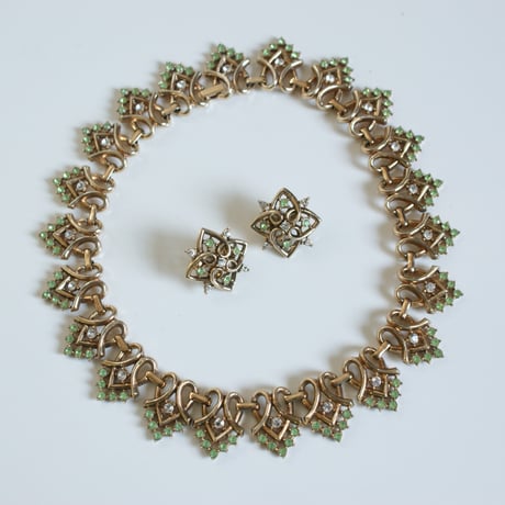 TRIFARIトリファリ /アルフレッド・フィリップ/ライムグリーン ラインストーン  ネックレス＆イヤリングセット/ ヴィンテージ・コスチュームジュエリー